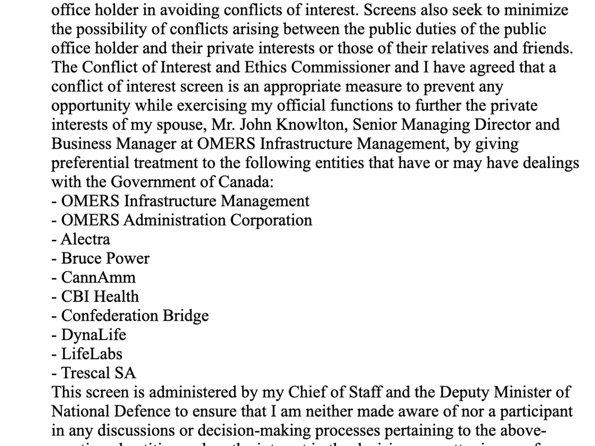 Public registry: Anita Anand, Defence conflict of interest screen