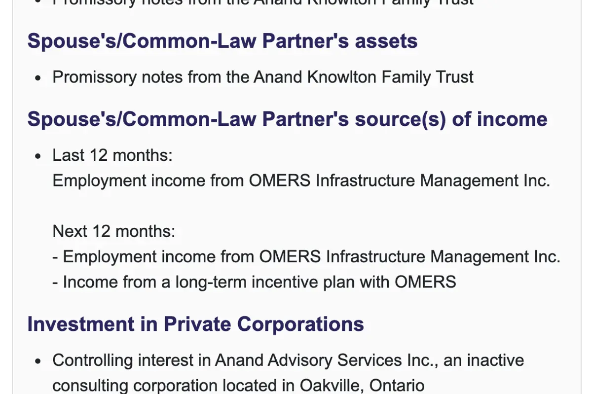 Her disclosure summary on the public registry. The marked line lists income from a long-term incentive plan with OMERS.