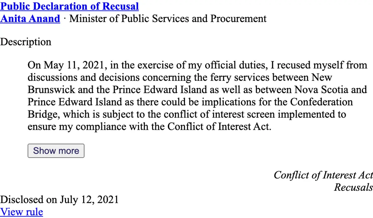 Public registry: Anita Anand, Public Declaration of Recusal