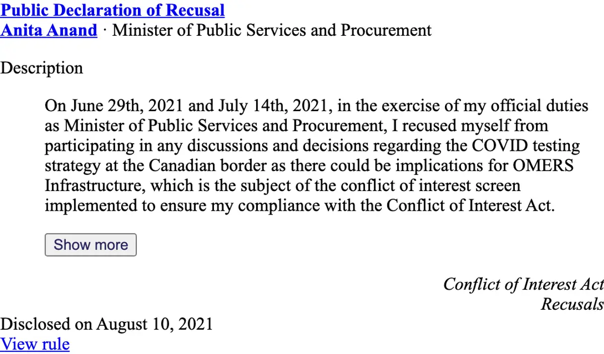 Public registry: Anita Anand, Public Declaration of Recusal