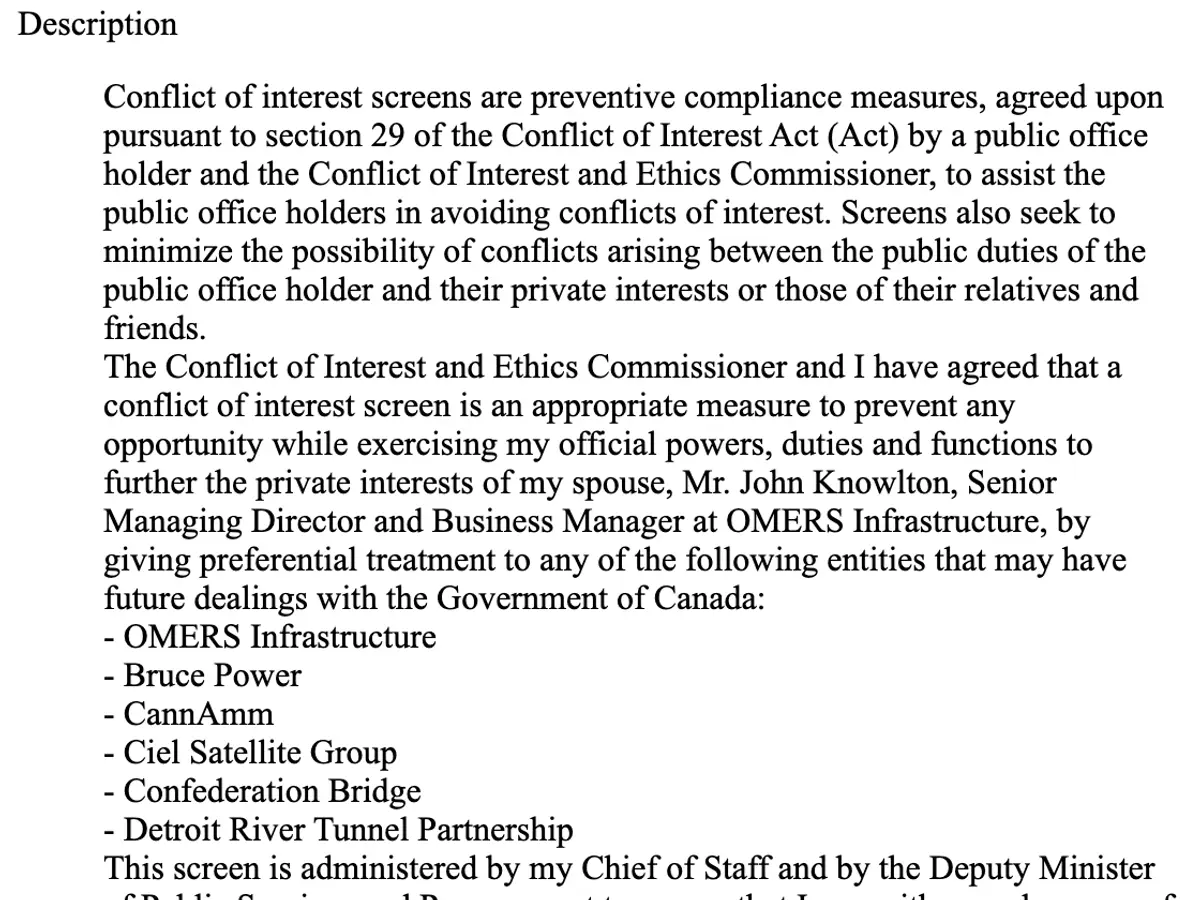 Public registry: Anita Anand, conflict of interest screen