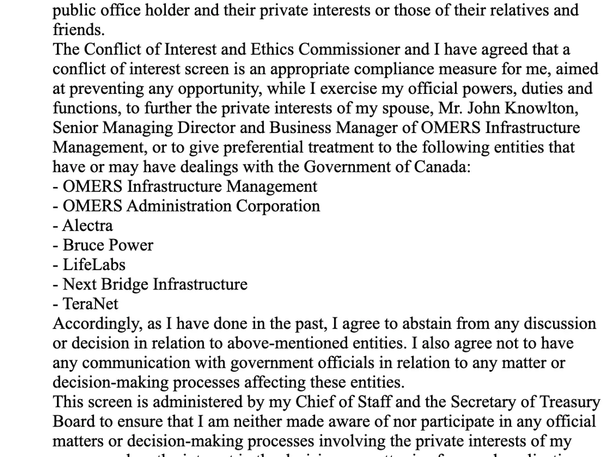 Public registry: Anita Anand, Treasury Board conflict of interest screen