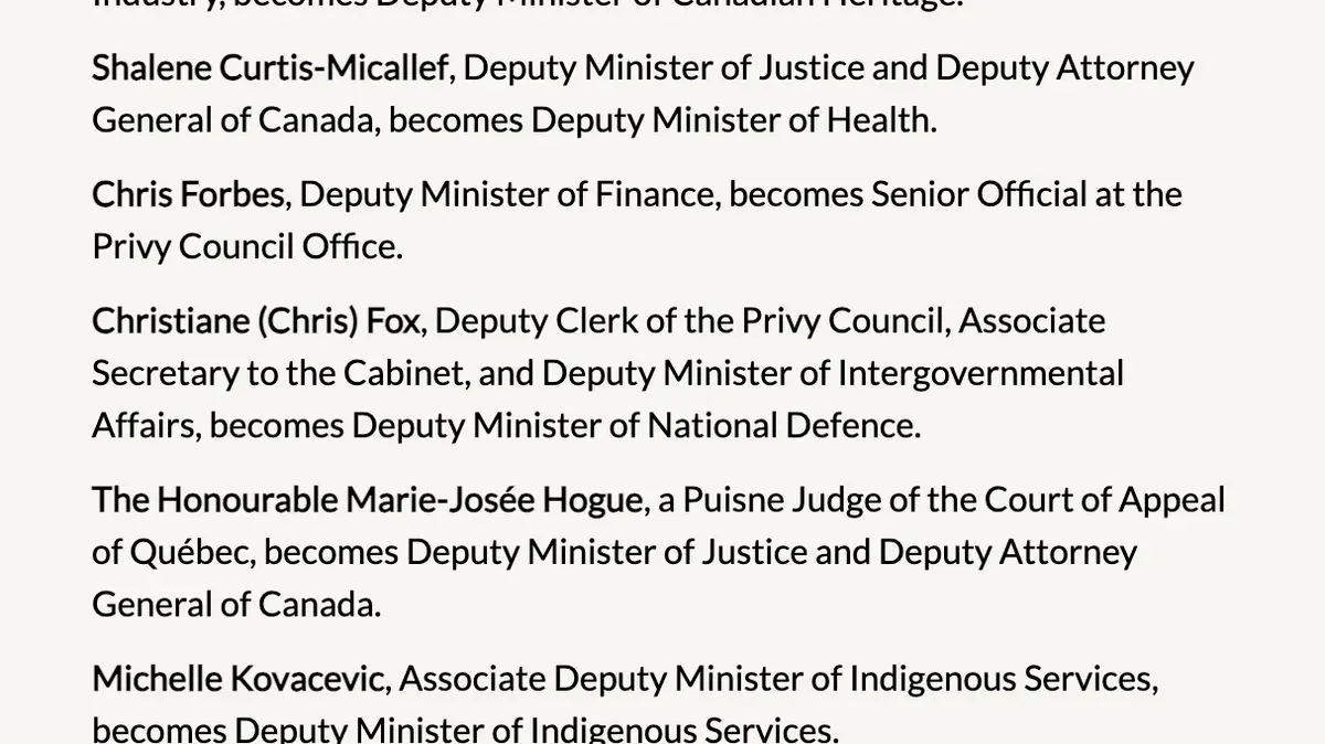 Prime Minister Carney announces changes in the senior ranks of the Public Service