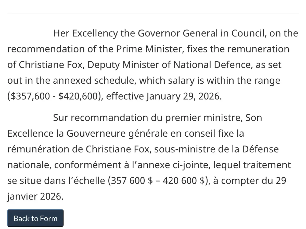 Order in Council P.C. 2026-0201: fixing the remuneration of Christiane Fox, Deputy Minister of National Defence