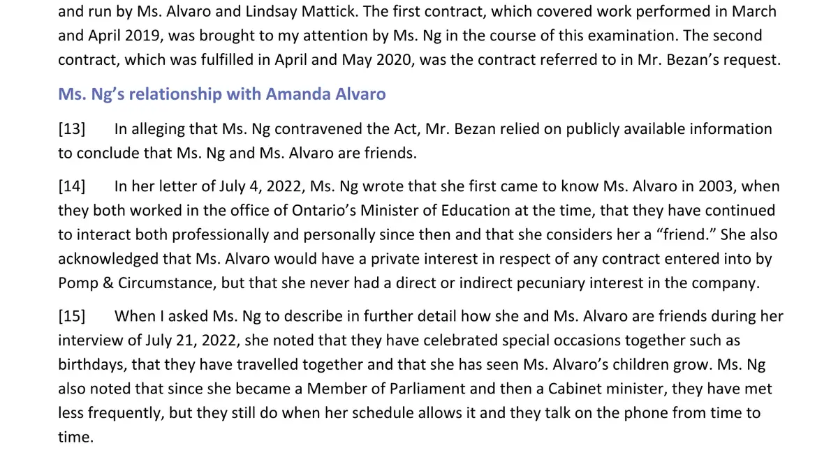 Ng Report, made under the Conflict of Interest Act, paragraph 14. The marked passage is the one the caption describes.