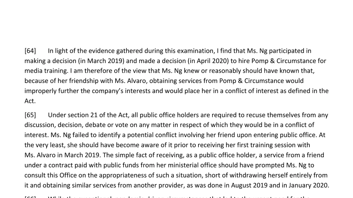 Ng Report, made under the Conflict of Interest Act, paragraph 64. The marked passage is the one the caption describes.