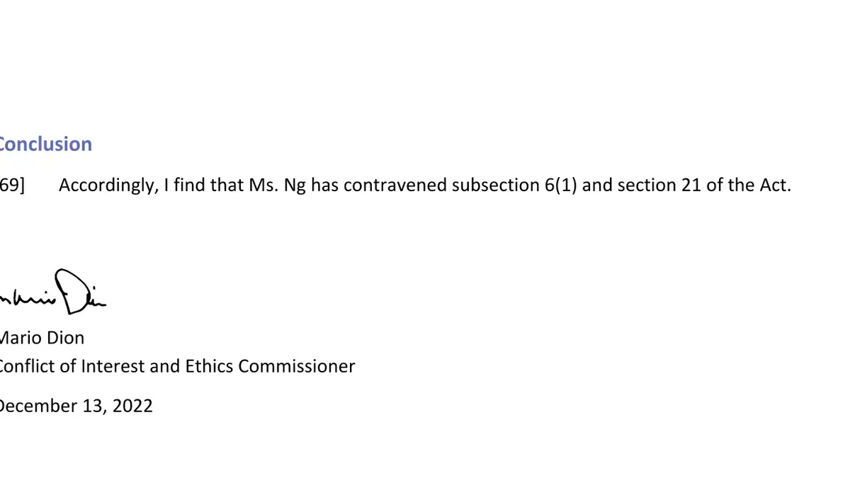 Ng Report, made under the Conflict of Interest Act, paragraph 69. The marked passage is the one the caption describes.
