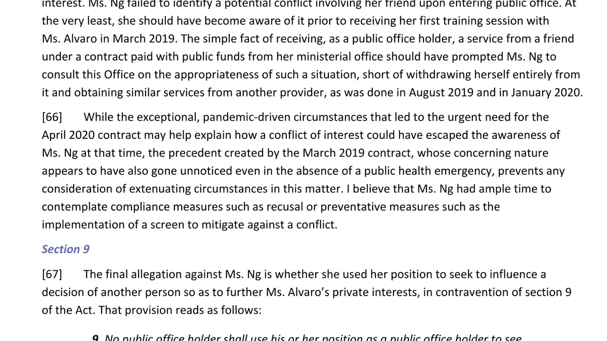Ng Report, made under the Conflict of Interest Act