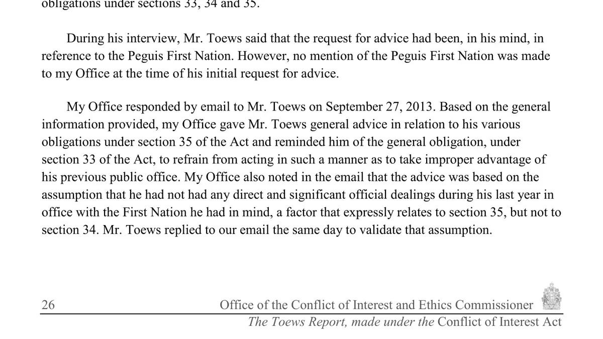 The Toews Report, made under the Conflict of Interest Act