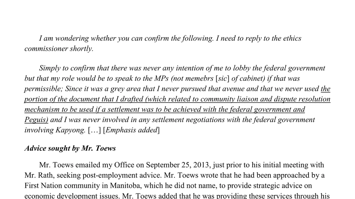 The Toews Report, made under the Conflict of Interest Act