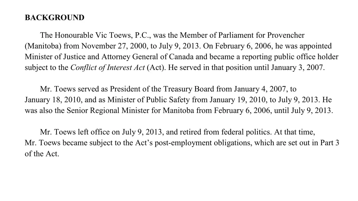 The Toews Report, made under the Conflict of Interest Act, Background. The marked passage is the one the caption describes.