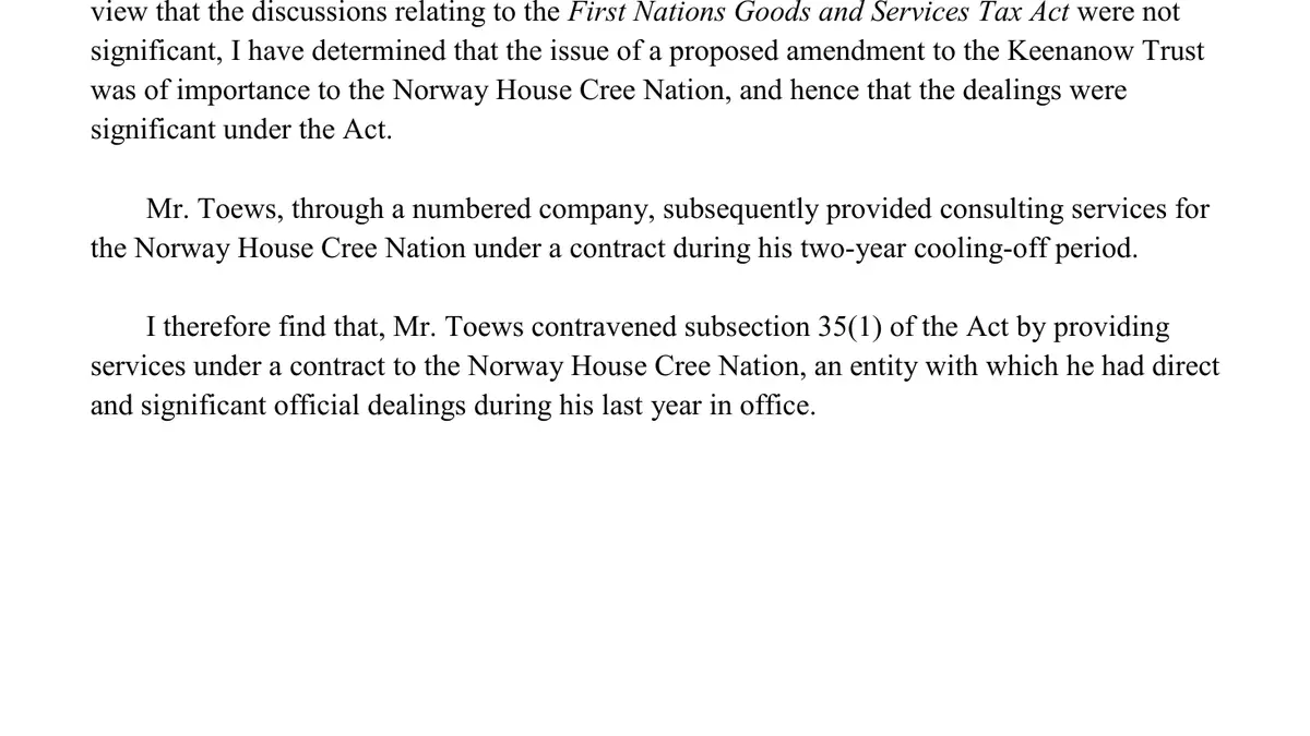 The Toews Report, made under the Conflict of Interest Act