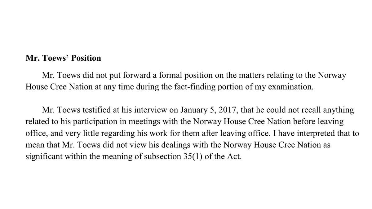 The Toews Report, made under the Conflict of Interest Act