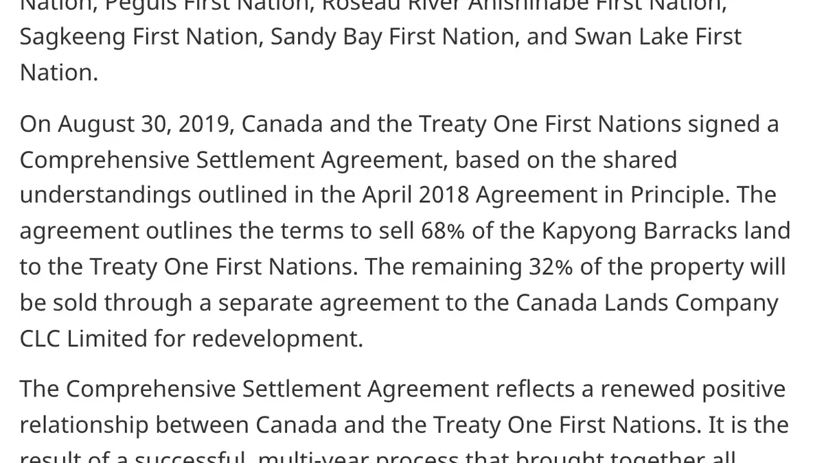Former Kapyong Barracks, news release, 30 August 2019. The marked words read: “The agreement outlines the terms to sell”