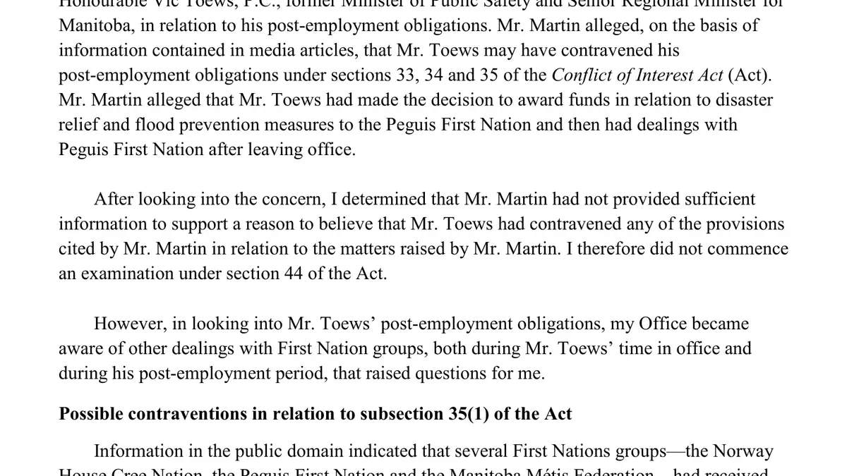 The Toews Report, made under the Conflict of Interest Act