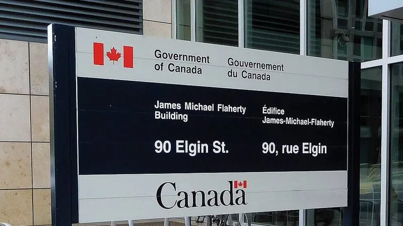The sign at the James Michael Flaherty Building, 90 Elgin Street, Ottawa, Sep 1, 2019